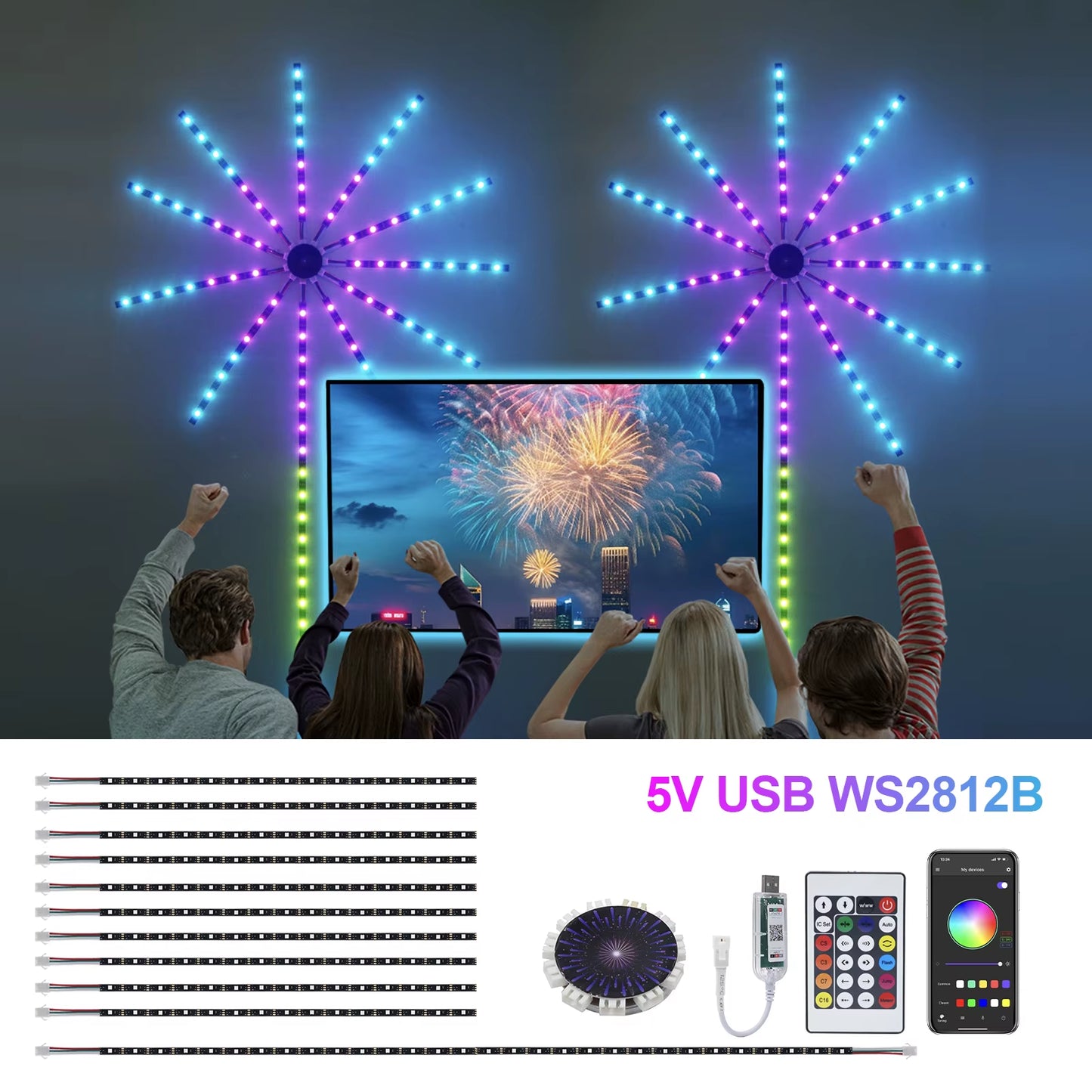 Bluetooth Fireworks LED Strip Light 5V WS2812B RGB Firework Light 5050 195Leds Dream Color USB LED Tape for New Year Christmas