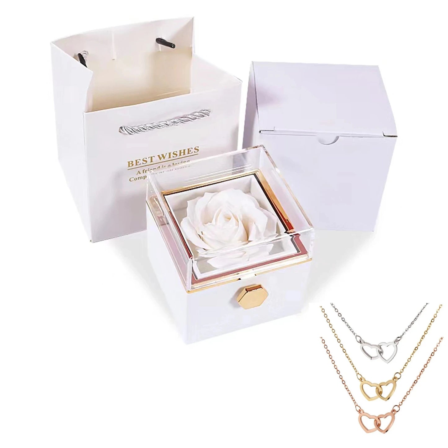 Eternal Rose Jewelry Box – Rotating Ring & Necklace Gift Case