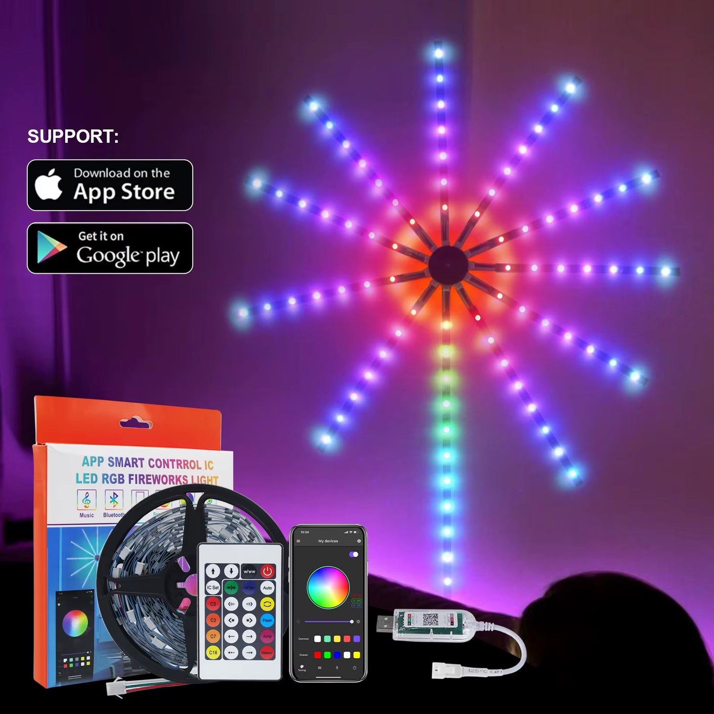 Bluetooth Fireworks LED Strip Light 5V WS2812B RGB Firework Light 5050 195Leds Dream Color USB LED Tape for New Year Christmas