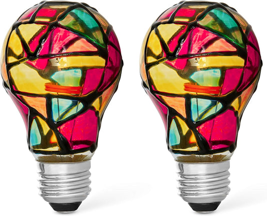 Tiffany 2 Pack Stained Glass Light Bulbs - A19 2W (25W Equivalent) E26 Base Mosaic Night & Party Light