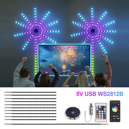 Bluetooth Fireworks LED Strip Light 5V WS2812B RGB Firework Light 5050 195Leds Dream Color USB LED Tape for New Year Christmas