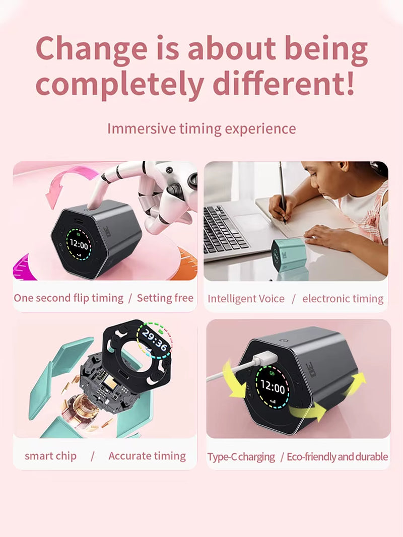 Hexagon Digital Timer Magnetic Mechanical Kitchen Timer Cube Flip Timer Mini Clock Gravity Timer for Studying Cooking Exercising