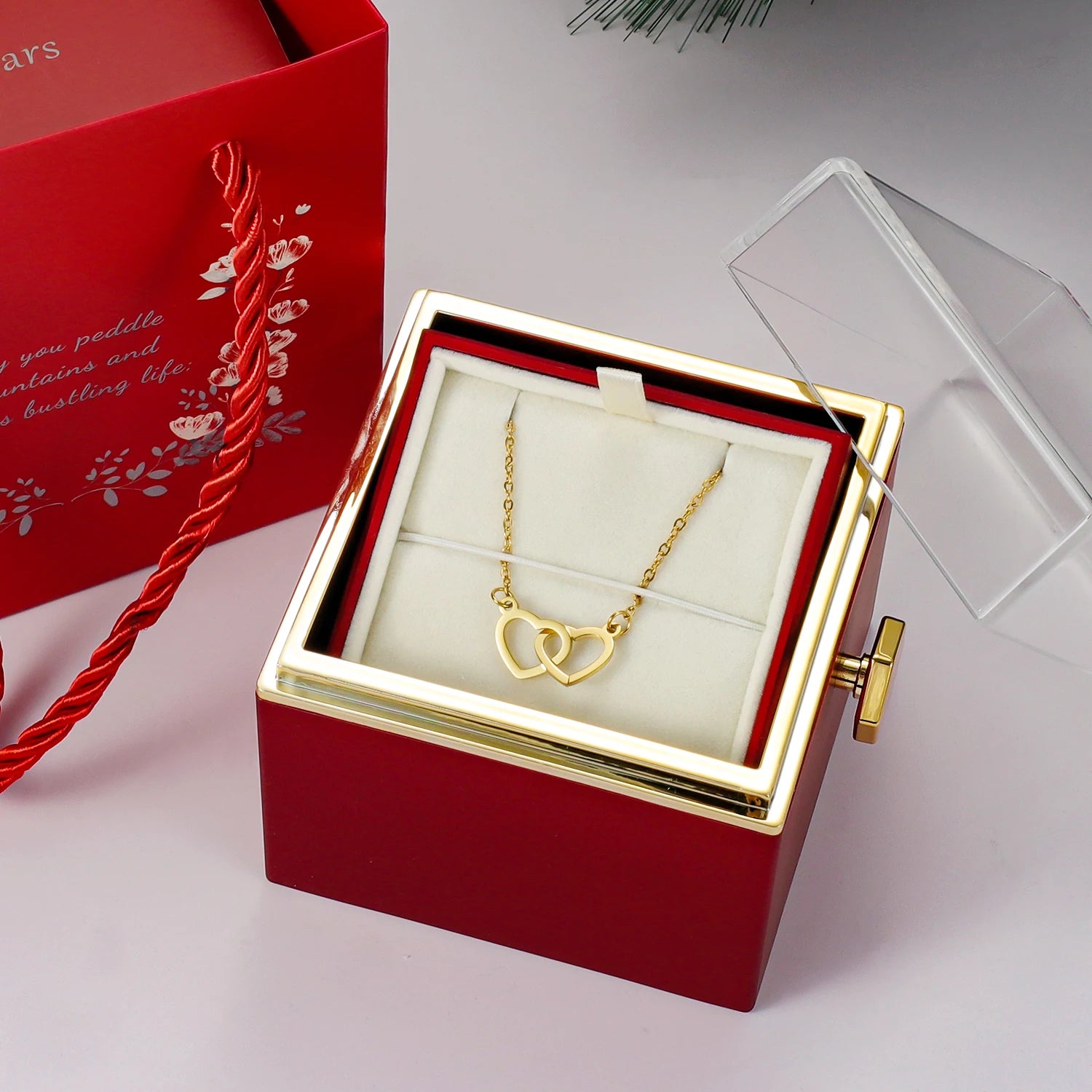 Eternal Rose Jewelry Box – Rotating Ring & Necklace Gift Case