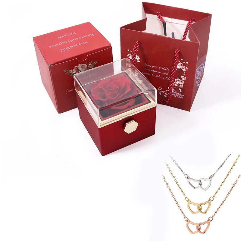 Eternal Rose Jewelry Box – Rotating Ring & Necklace Gift Case