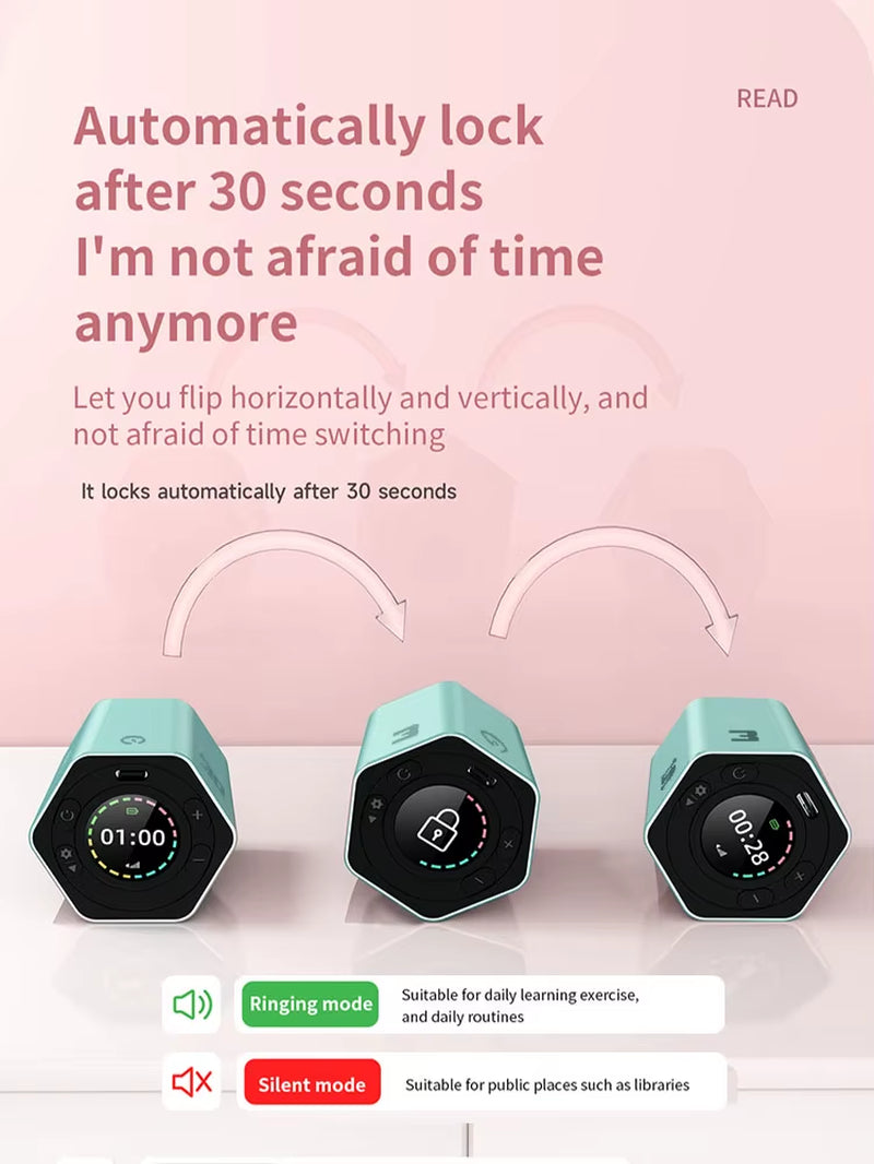 Hexagon Digital Timer Magnetic Mechanical Kitchen Timer Cube Flip Timer Mini Clock Gravity Timer for Studying Cooking Exercising