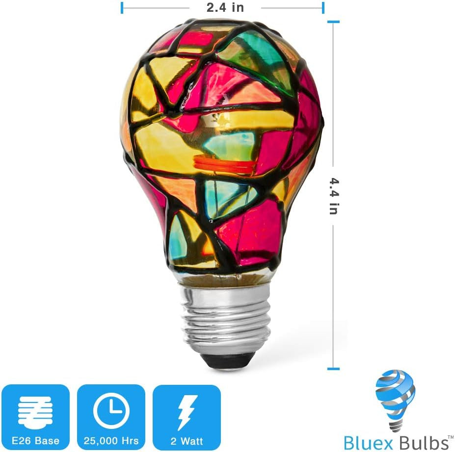 Tiffany 2 Pack Stained Glass Light Bulbs - A19 2W (25W Equivalent) E26 Base Mosaic Night & Party Light