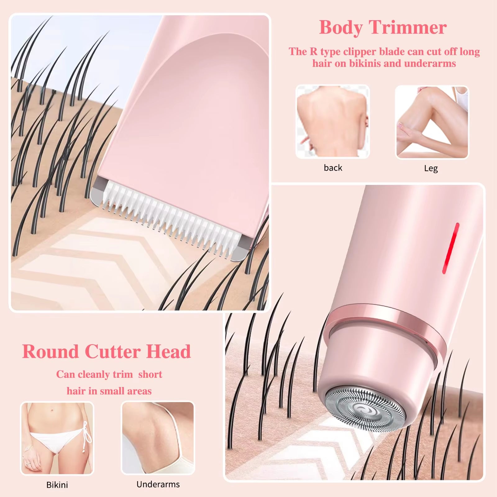 Women Electric Razors 2 in 1 Dual-Head Painless Bikini Trimmer Wet Dry Use for Ladies Pubic Hair Detachable Head Electric Shaver