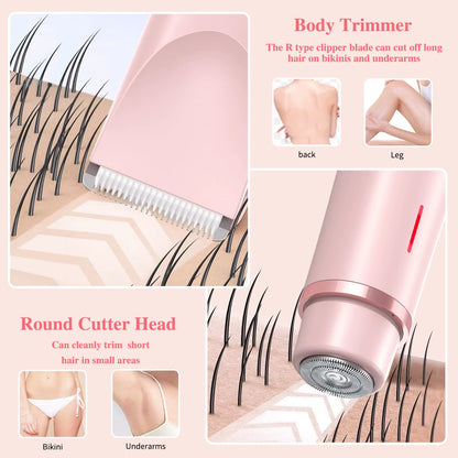 Women Electric Razors 2 in 1 Dual-Head Painless Bikini Trimmer Wet Dry Use for Ladies Pubic Hair Detachable Head Electric Shaver